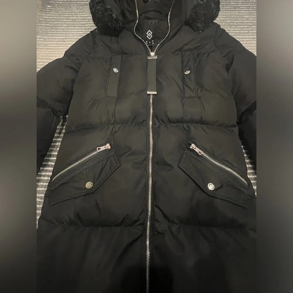 Saint & Sinner black long puffer coat with hoodie, size Small - Picture 2 of 12